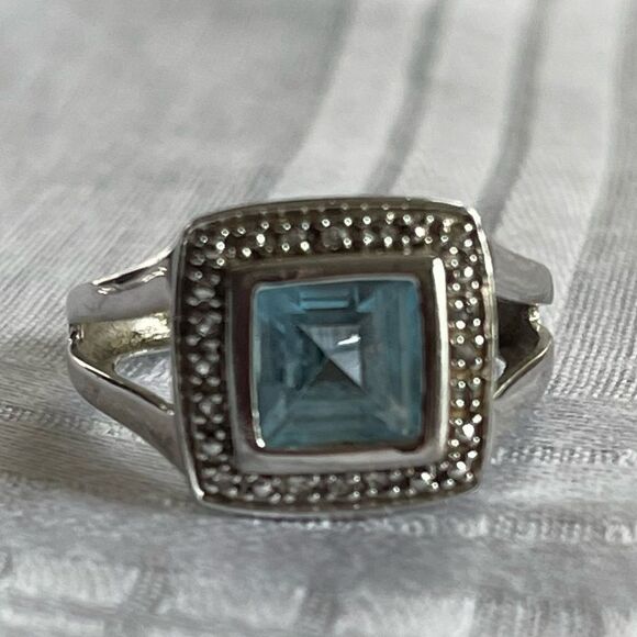 P*M .925 Sterling Silver Cushion Cut Blue Topaz Diamond Halo Ring Pendant Set - Picture 11 of 16